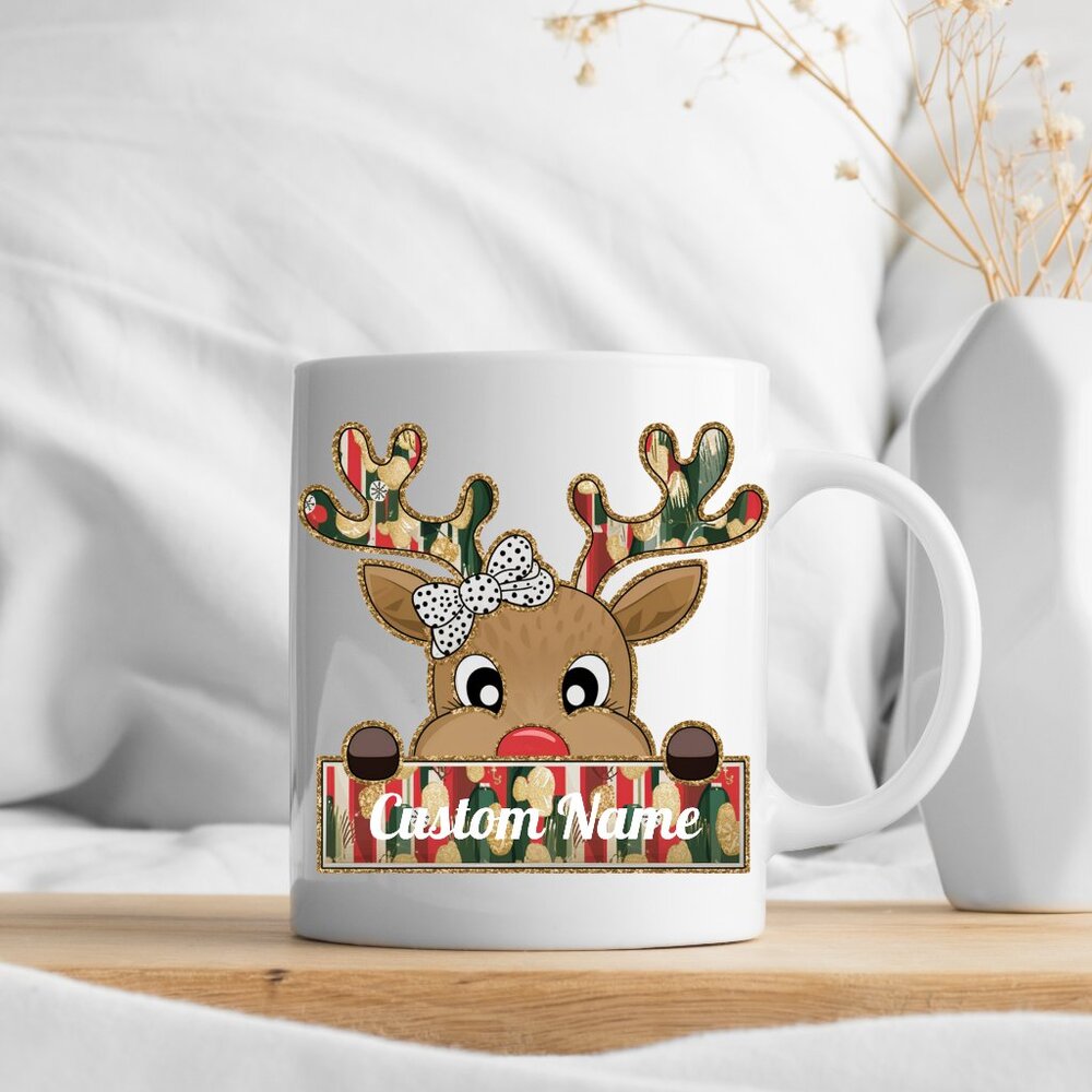 🎄 Personalized Christmas Mug - Red & Green Reindeer, Custom Name for Kids